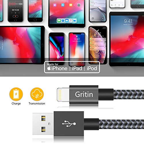 Gritin Câble iPhone [MFI Certifié Apple], 2M Câble Lightning vers en Nylon Tressé Charge Rapide Synchro Chargeur iPhone…