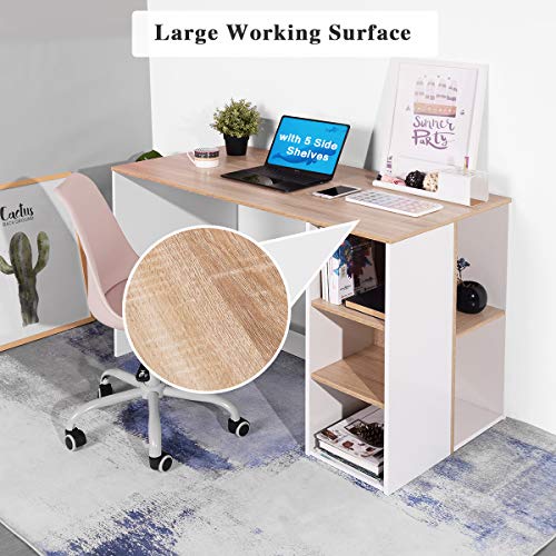 Bureau Informatique Table d’Ordinateur Commode de Maquillage avec Étagère de Rangement Ouvert Blanche et Bois