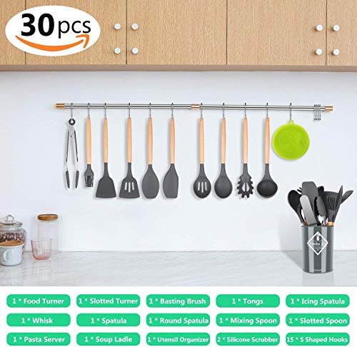 NEXGADGET Ensemble d’Ustensiles de Cuisine de 30 Pièces, Set de Cuisine en Silicone avec Support, Pinces, Grattoir…