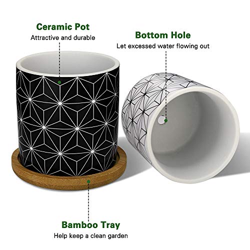 Lewondr 4PCS Pot de Fleur, 2.8 pouce Mini Céramique Succulent Pots Horticoles Jardinière avec Plateau en Bambou pour Petites Plantes Fleurs Cactus Maison Décorations Décor – Géométrie 01, Noir & Blanc