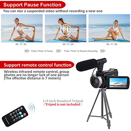 Camescope Caméra Vidéo Full HD 1080P 30FPS 24.0MP Caméscope 18X Zoom Numérique avec Microphone Caméra de Vision Nocturne…