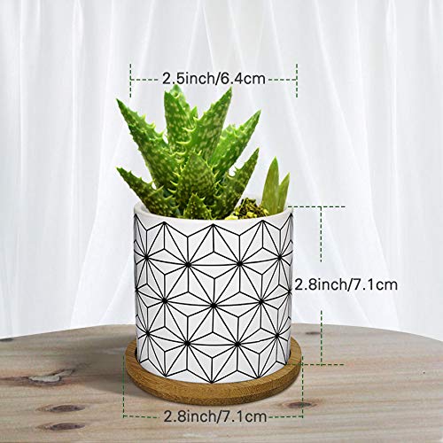 Lewondr 4PCS Pot de Fleur, 2.8 pouce Mini Céramique Succulent Pots Horticoles Jardinière avec Plateau en Bambou pour Petites Plantes Fleurs Cactus Maison Décorations Décor – Géométrie 01, Noir & Blanc