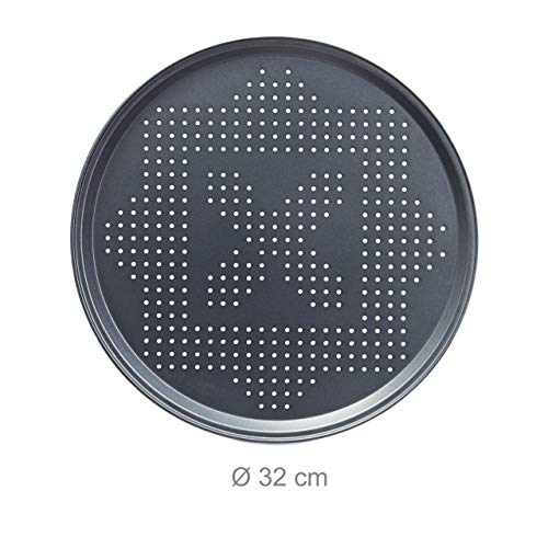 Relaxdays 10020495 Plaques de cuisson pizza lot de 4 avec support HxlxP : 20 x 32 x 32 cm avec perforation revêtement…