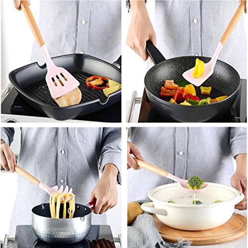 ZCOINS Ensemble d’ustensiles de cuisine en silicone 18 + 1 pièces avec poignées en bois et support (rose)
