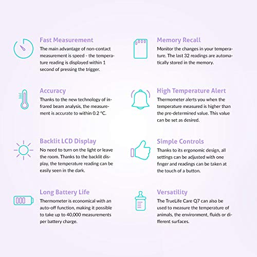 TrueLife Care Q7 Thermomètre Frontal Médical Sans Contact Précis avec Écran LCD pour Enfants, Adultes, Lait et la…
