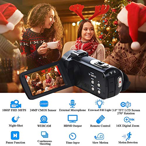 Caméscope Vidéo Youtube 24MP 2,7 Pouces Caméscope Numérique, Vision Nocturne Infrarouge Écran IPS de 3,0 Pouces LCD la…