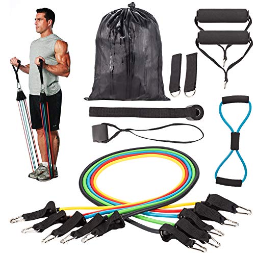 Bandes De Résistance Set 12pcs – 1 Yoga Bande 8 Type,5 Resistance Bands,Poignées,Boucle Cheville,Ancre Porte et Le Sac…
