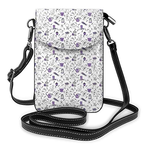 Women Mini Purse Crossbody of Cell Phone,Pattern with Lavender and Garden Accessories Floriculture Theme