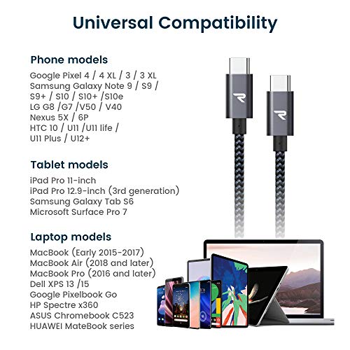 RAMPOW Câble USB C vers USB C 2m, Câble USB C Charge Rapide 60W Power Delivery pour Macbook Pro, iPad Pro 2018, Samsung…