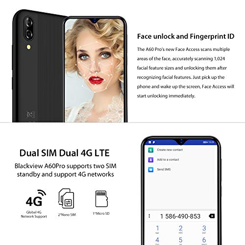 Blackview Smartphone débloqué 4G, A60 Pro Smartphone Pas Cher, 3Go RAM/SD-128Go, Ecran 6,1″ HD+IPS, Telephone Portable Double SIM, Batterie 4080mAh, 5G-WiFi/Face ID/Fingerprint/GPS/FM/2 Ans Garantie