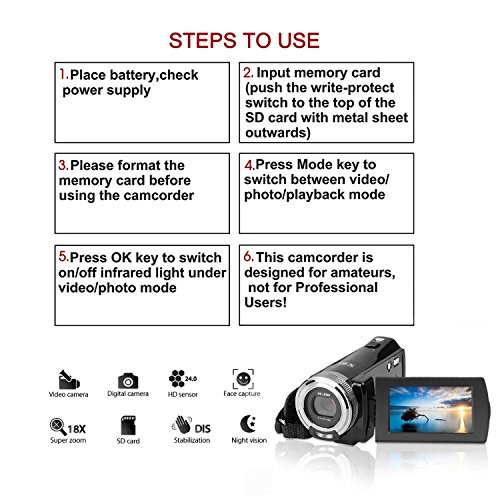 Caméra vidéo Caméscope Caméscope numérique 24MP 2,7 Pouces HD 1080P, enregistreur de caméra à Zoom numérique 16X avec…