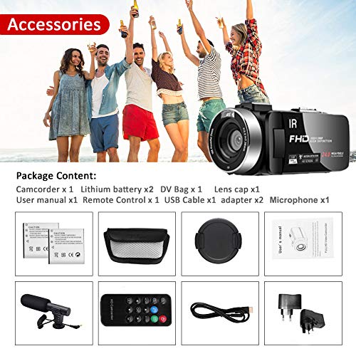 Camescope Caméra Vidéo Full HD 1080P 30FPS 24.0MP Caméscope 18X Zoom Numérique avec Microphone Caméra de Vision Nocturne…