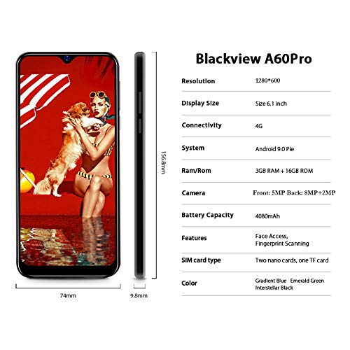 Blackview Smartphone débloqué 4G, A60 Pro Smartphone Pas Cher, 3Go RAM/SD-128Go, Ecran 6,1″ HD+IPS, Telephone Portable Double SIM, Batterie 4080mAh, 5G-WiFi/Face ID/Fingerprint/GPS/FM/2 Ans Garantie