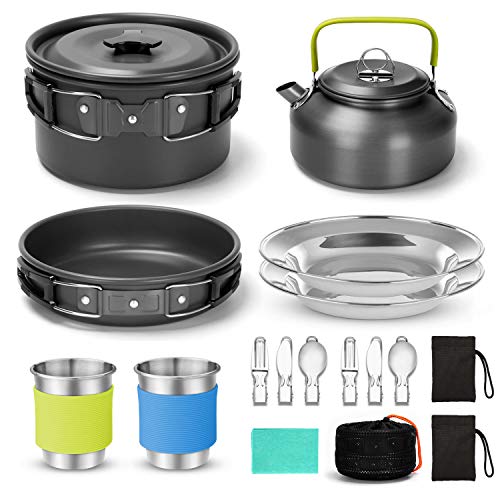 Odoland Multi-PCS Kit de Casseroles Camping, Cookware Kit en Alliage d’Alu, Légère, Durable et Compact avec Réchaud de…