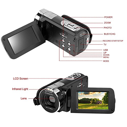 Caméra vidéo Caméscope Caméscope numérique 24MP 2,7 Pouces HD 1080P, enregistreur de caméra à Zoom numérique 16X avec…