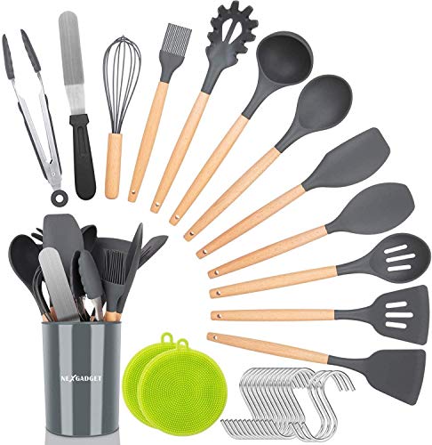 NEXGADGET Ensemble d’Ustensiles de Cuisine de 30 Pièces, Set de Cuisine en Silicone avec Support, Pinces, Grattoir…