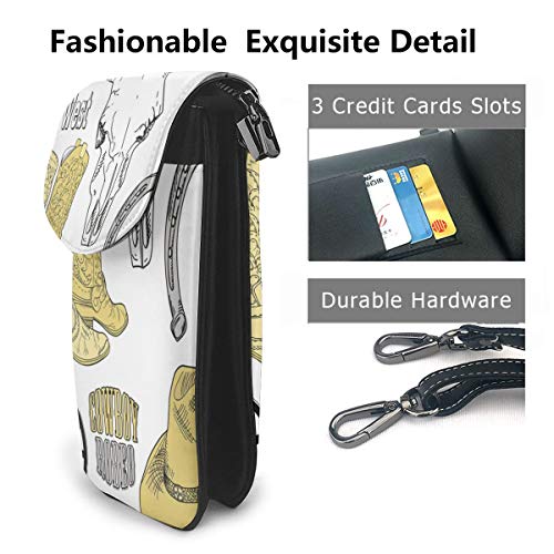 Women Mini Purse Crossbody of Cell Phone,Cowboy Rodeo Accessories Skull Lasso Hat Vintage Wheel Horseshoe
