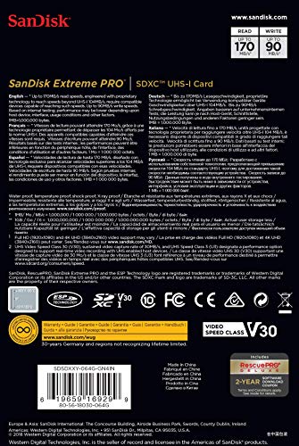 SanDisk 64 Go Extreme PRO SDXC, carte mémoire, jusqu’à 170 MB/s UHS-I Classe 10, U3, V30