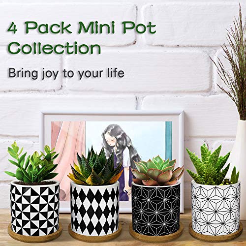Lewondr 4PCS Pot de Fleur, 2.8 pouce Mini Céramique Succulent Pots Horticoles Jardinière avec Plateau en Bambou pour Petites Plantes Fleurs Cactus Maison Décorations Décor – Géométrie 01, Noir & Blanc
