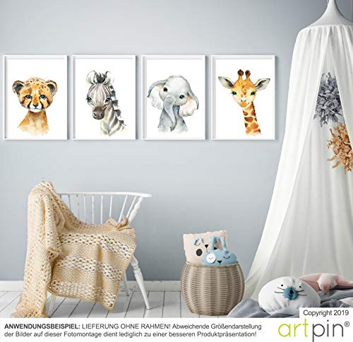 artpin® Set de 4 Affiches décoration pour Chambre d’enfant- posters de bébé garçon ou Fille – Animaux de safari dans la…