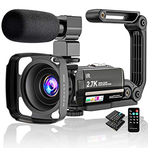 Caméra Vidéo 2.7K Caméscope UHD 36MP Caméra de Vlog pour Youtube IR Night Vision 3.0″ LCD à écran Tactile 16X Zoom Camera Recorder avec Microphone Stabilisateur Portable Télécommande, 2 Piles