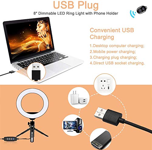 Creatck 8″ LED Ring Light avec trépied, dimmable 3 Modes d’éclairage et 10 luminosité Selfie Desk Makeup Light with Cell Phone Holder USB Live Streaming Circle Light for Youtube Video Photography