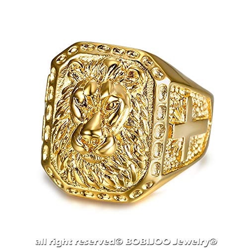 BOBIJOO Jewelry – Grosse Chevalière Bague Homme Tête de Lion Acier Inoxydable Or Doré Plaqué Croix Voyageur