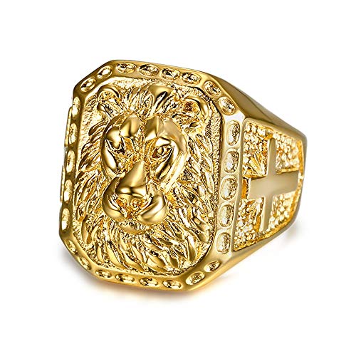 BOBIJOO Jewelry – Grosse Chevalière Bague Homme Tête de Lion Acier Inoxydable Or Doré Plaqué Croix Voyageur