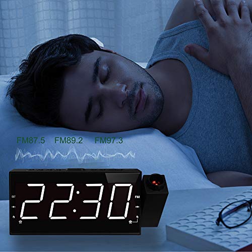 Radio-Réveil Projection Horloge Lumière à LED 7″ Radio FM, 12 / 24H, Minuterie De Sommeil, Port de Recharge USB, Double Alarme, Batterie de Secours