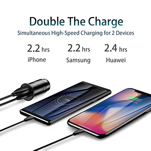 Lot de 2, Mini Chargeur Voiture Allume Cigare USB 2 Ports pour iPhone 8/X/7/6s/6/Plus/X/XS/XR/11/12/Pro, Samsung Galaxy…