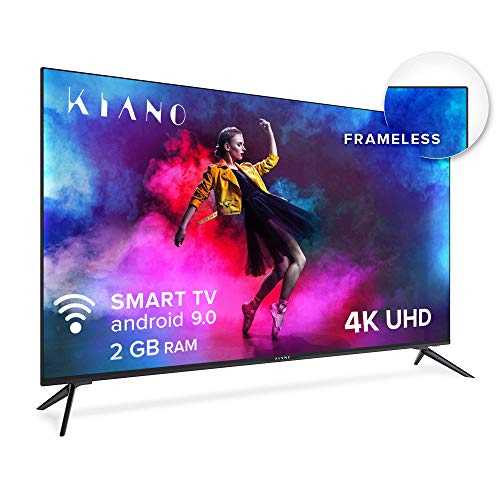 Kiano Elegance TV 55″ Pouces 4K UHD HDR10 (Android TV 9.0 2GB RAM Metal Case [Téléviseur 140 cm Frameless sans Cadre 8GB] Smart TV, Netfilx, Youtube) Triple Tuner DVB-T2 C/S2, CI, PVR, WiFi