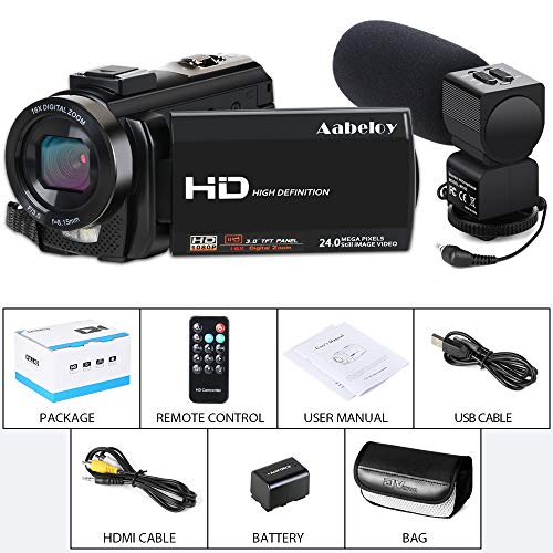 Aabeloy Caméscope Caméra Vidéo, Appareil Photo Numérique avec Microphone HD 1080p 24MP Zoom Numérique 16X LCD 3,0 Pouces…