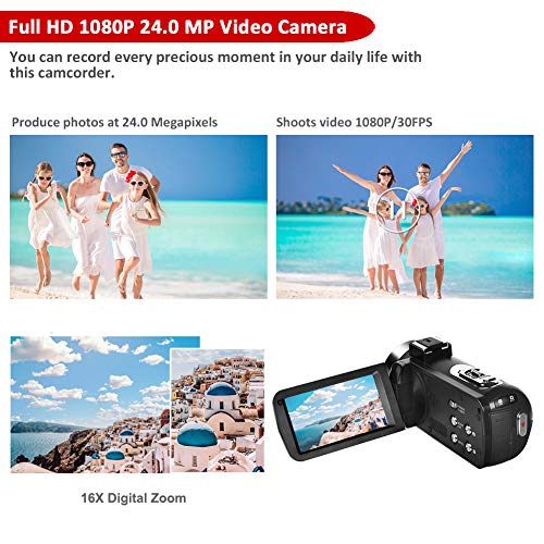 Camescope Caméra Vidéo Full HD 1080P 30FPS 24.0MP Caméscope 18X Zoom Numérique avec Microphone Caméra de Vision Nocturne…