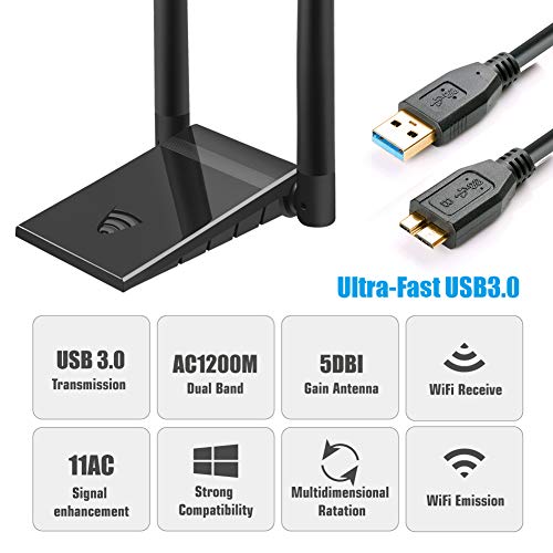 Clé WiFi Dongle Antenne USB Adaptateur pour PC sans Fil AC 1200Mbps 5GHz/867Mbps 2.4GHz/300Mbps Double Bande 6dBi Réseau…