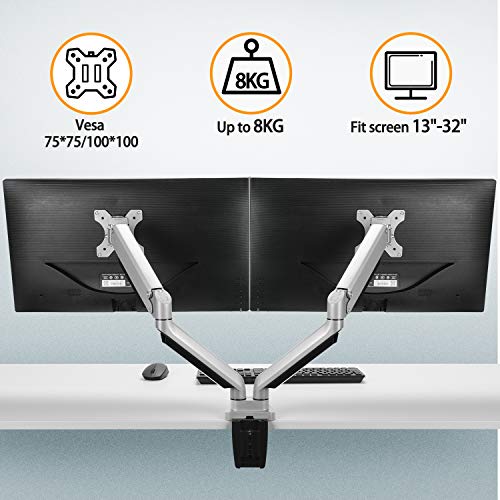 ErGear Support Ecran PC 2 Ecran pour 13″-32″, Bras pour Écrans avec Technologie Innovante de Ressort à Gaz, Bras Ecran PC 2 Ecran pour Écrans Plats Incurvés, VESA 75/100mm, Poids Max 8KG