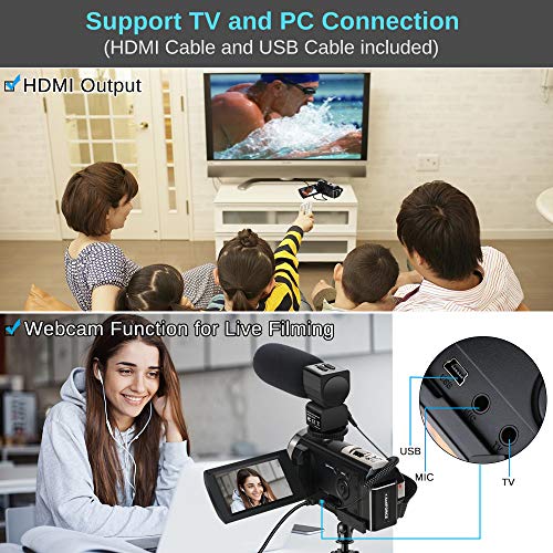 Aabeloy Caméscope Caméra Vidéo, Appareil Photo Numérique avec Microphone HD 1080p 24MP Zoom Numérique 16X LCD 3,0 Pouces…