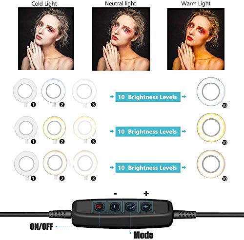 Creatck 8″ LED Ring Light avec trépied, dimmable 3 Modes d’éclairage et 10 luminosité Selfie Desk Makeup Light with Cell Phone Holder USB Live Streaming Circle Light for Youtube Video Photography