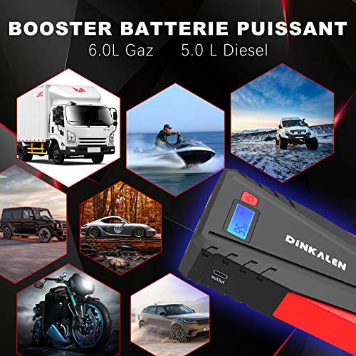 DINKALEN Booster Batterie Voiture 12800mAh 800A Portable Booster de Batterie Moto (Jusqu’à 6.0L Essence/5.0L Diesel…