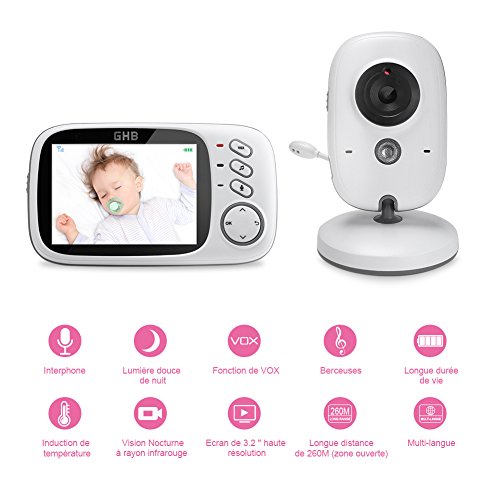 GHB Babyphone Caméra 3.2 Inches Bébé Moniteur Babyphone Vidéo LCD Couleur Bébé Surveillance 2.4 GHz Communication…