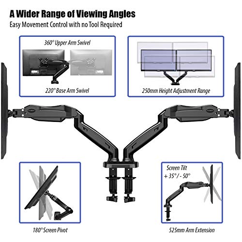 Invision Support Écran PC Moniteur pour 2 Ecrans, Bras Articulé Ergonomique Ressort à Gaz pour Écrans 43–68,5cm (17–27…