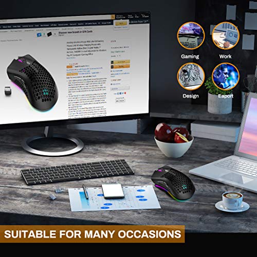 Aceshop Souris sans Fil, 2.4G Souris Optique Mobile avec Coque Creuse en nid d’abeille, 5 Modes d’éclairage, 7 Boutons…