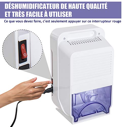Déshumidificateur portable électrique 1,3 L silencieux évacuation continue 400 mL/24 H idéal pièces 20 m² blanc
