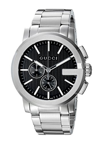 Gucci G- Chrono – Collection Hommes Montre à Quartz pour Femme avec Affichage Chronographe Cadran Noir et Bracelet en Acier Inoxydable Argenté ya101204