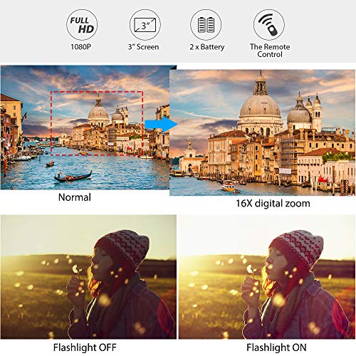 Aabeloy Caméscope Caméra Vidéo, Appareil Photo Numérique avec Microphone HD 1080p 24MP Zoom Numérique 16X LCD 3,0 Pouces…