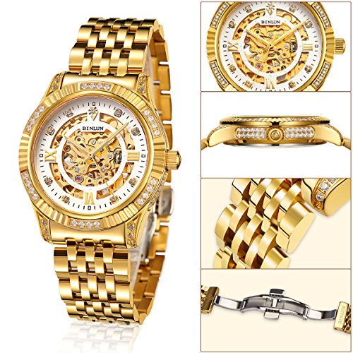 BINLUN Plaqué Or 18 K Automatique de Poignet Montres pour Homme Montre Mécanique Cadeau pour Les Familles Amis Cadeau