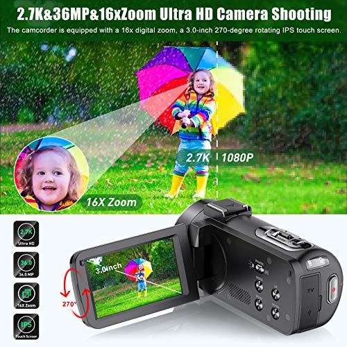 ZORNIK 2.7K Caméscope,IR Vision Nocturne Caméra Vidéo de 36 MP Numérique, Caméra de Vlog avec écran Tactile LCD de 3,0…