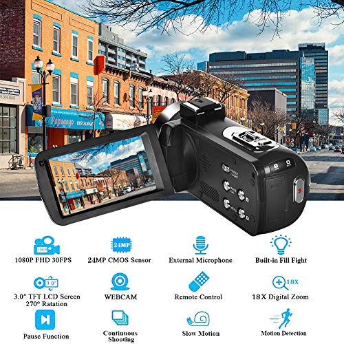 Camescope Caméscope FHD 1080P 24MP 18X Zoom Puissant Camecope Numerique Anti-tremblement Avec Microphone Et Télécommande Sans Fil Caméscope Caméra