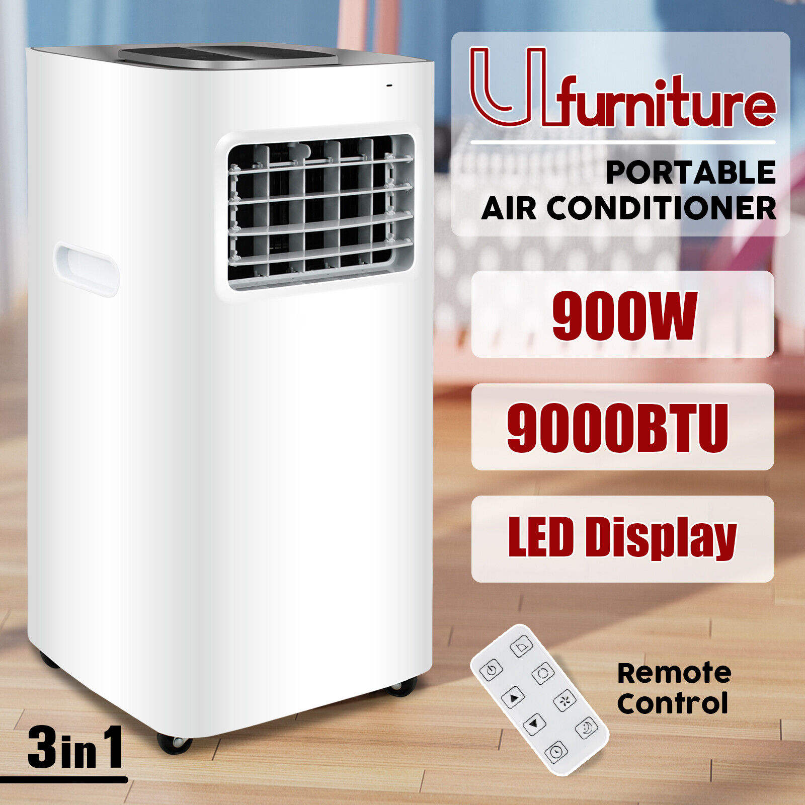 3in1 900W Air Conditioner Mobile Cooler Caravan Portable Dehumidifier 9000BTU