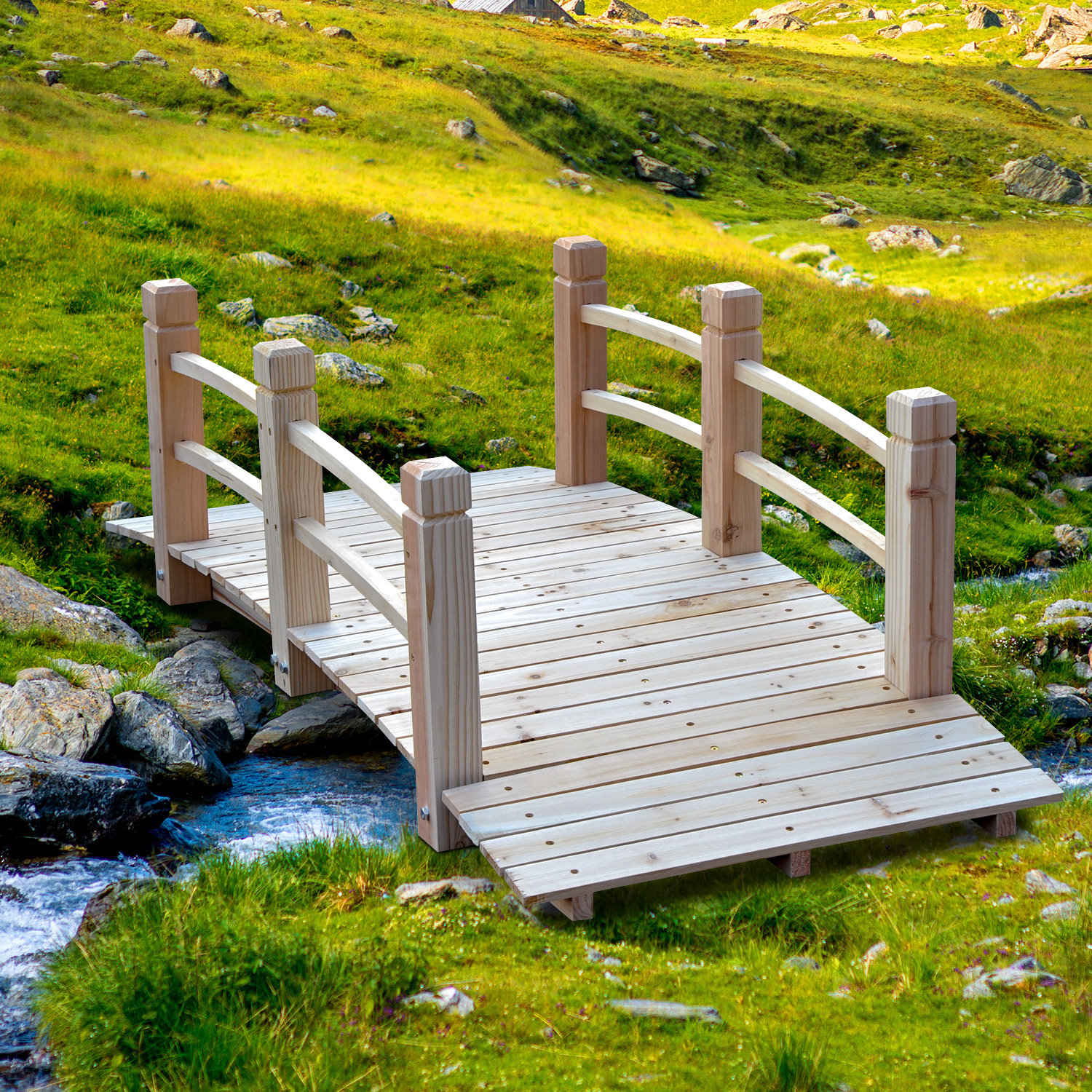 5FT Wood Garden Bridge Outdoor Decor Landscape Side Rails 5FT Wood Garden Bridge Outdoor Decor Landscape Side Rails