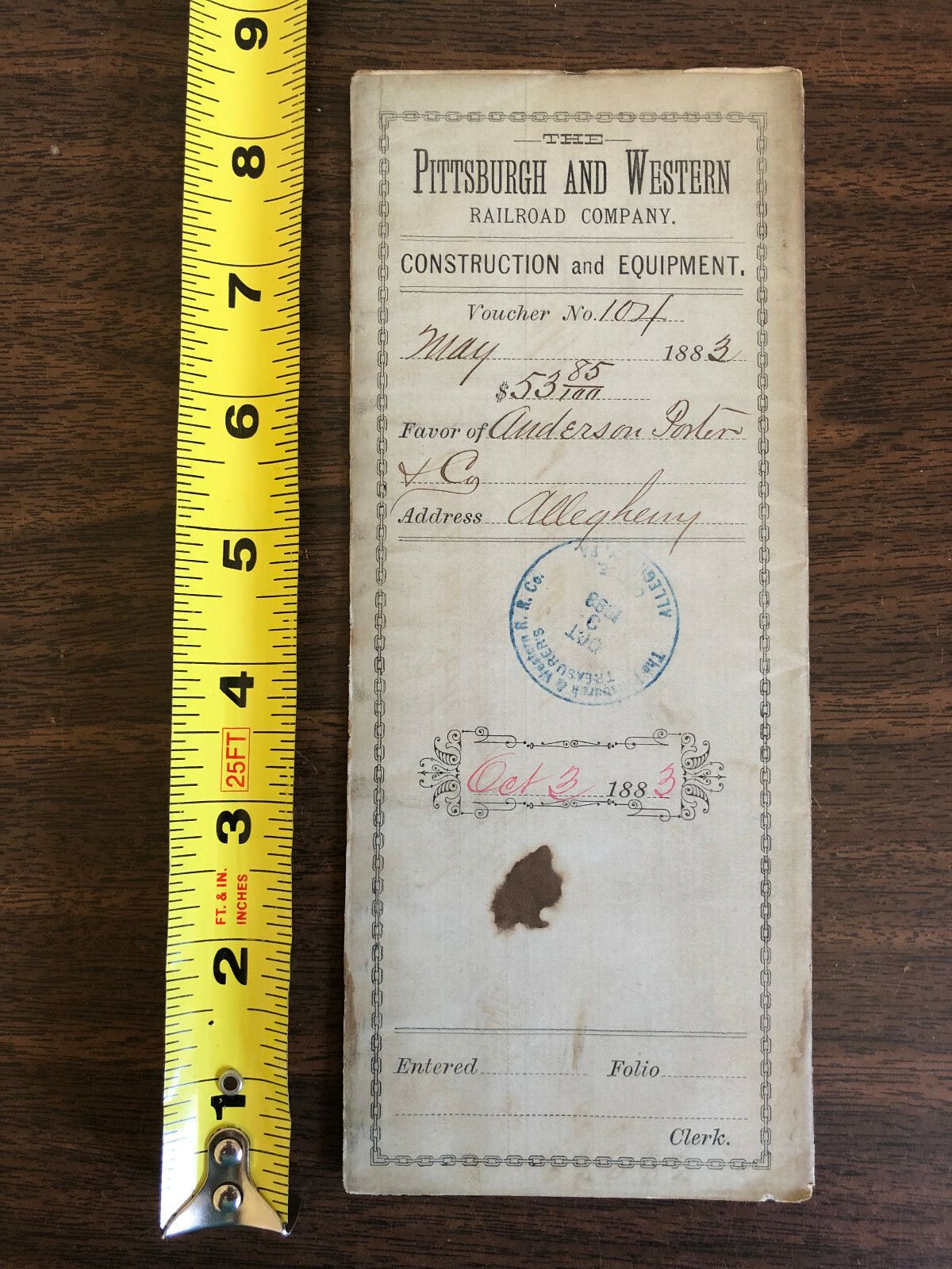 1883 Pittsburgh Western Railroad Co Construction Equipment Voucher Allegheny PA 1883 Pittsburgh Western Railroad Co Construction Equipment Voucher Allegheny PA